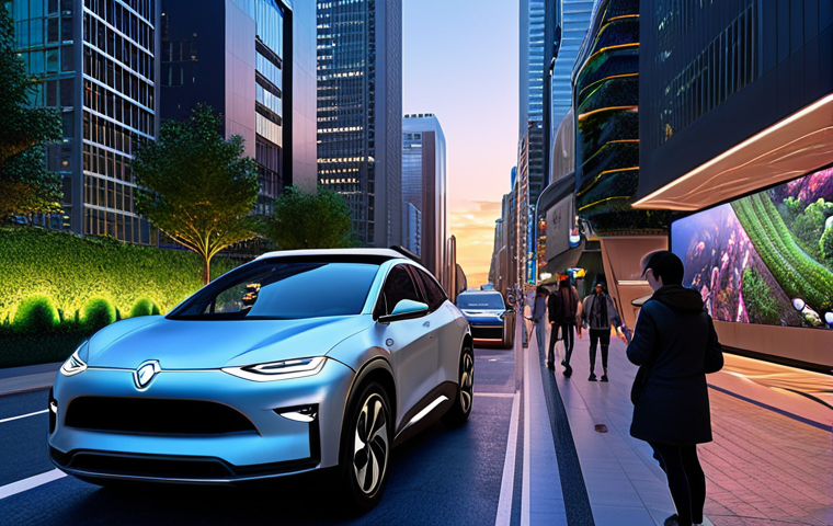 A futuristic cityscape at dusk, showcasing self-driving electric cars navigating illuminated streets lined with eco-friendly vertical gardens. In the background, sleek skyscrapers are adorned with interactive digital art displays, and people are interacting with holographic interfaces, emphasizing the harmonious integration of AI in urban life.