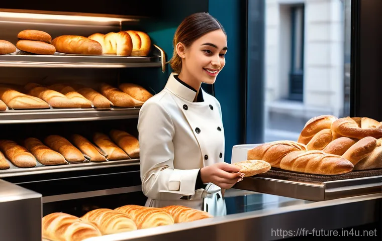 생체 삽입 칩과 증강 현실 - **Seamless Micropayment in a Parisian Bakery**
    A vibrant, realistic, full-body shot of a young a...