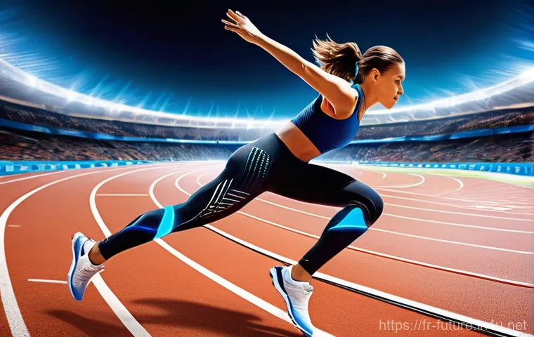 미래의 인간 기계 융합 - **Prompt:** A determined French female athlete, in her mid-20s, actively competing in a futuristic t...