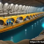 Home 19 해저 터널과 대륙 연결망 - A highly detailed cross-sectional illustration of a modern underwater tunnel construction site benea...