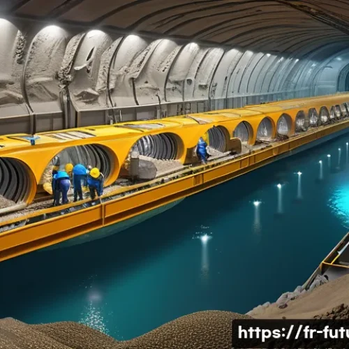 Home 13 해저 터널과 대륙 연결망 - A highly detailed cross-sectional illustration of a modern underwater tunnel construction site benea...
