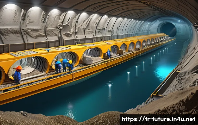 해저 터널과 대륙 연결망 - A highly detailed cross-sectional illustration of a modern underwater tunnel construction site benea...