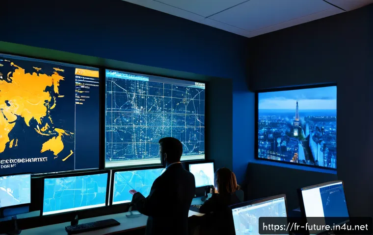 사이버 보안과 미래 전쟁 - Photorealistic French cybersecurity operations center during a future conflict, diverse analysts in ...